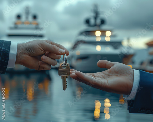 Boat dealer giving the keys to a buyer