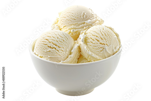 Scoop of vanilla ice cream in white bowl isolated on transparent background