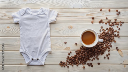 Adorable baby onesie with humorous brewing message, paired with coffee mugs, spilled coffee beans, and ample copy space on white background.
