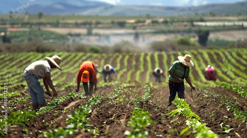 Migrant workers in a field with harsh working conditions, highlighting their exploitation