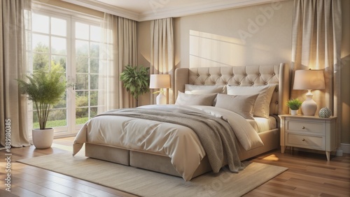 Cozy inviting beige upholstered bed with plush pillows and soft cream-colored duvet set amidst calm peaceful serene bedroom ambiance.