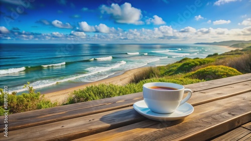 A solitary coffee cup sits on a rustic wooden table, amidst a serene outdoor setting with a breathtaking sea view backdrop.