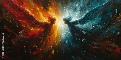 Abstract painting depicting figures of fire and ice facing each other, representing duality and contrast. Good and evil concept