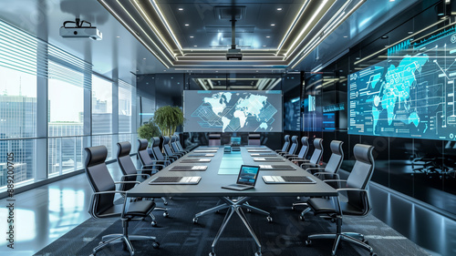 Modern conference room with digital screens and city view