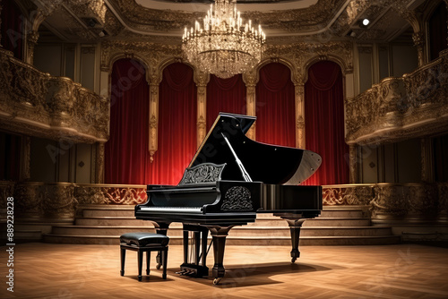 Grand Piano Awaiting Performance in Luxurious Concert Hall