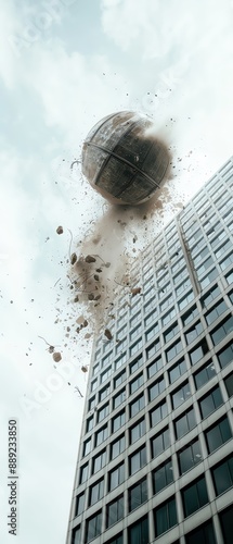 A wrecking ball hits a tall building, causing debris and dust to scatter in the sky against a cloudy backdrop.