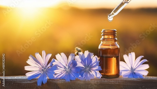 Cichorium intybus, chicory, bach floral, glass pipette, transparent drop, brown bottle, nature, edward bach, emotion, selfish, possessive love, floral therapy, sun, sunshine