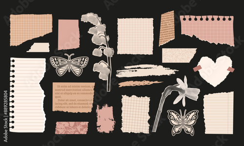 Vintage paper collage set. Halftone flowers and butterflies silhouette. Adhesive tapes with textured pattern. Copy book raged sheet. Old romantic crafts. Vector illustration. Torn message sticker.