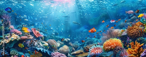 Underwater summer scene with a vibrant coral reef, tropical fish, and clear blue water: Dynamic, vibrant, and lively