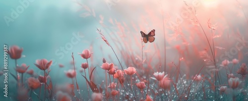 A pink wildflower and butterfly background with a spring summer feel. Banner format.