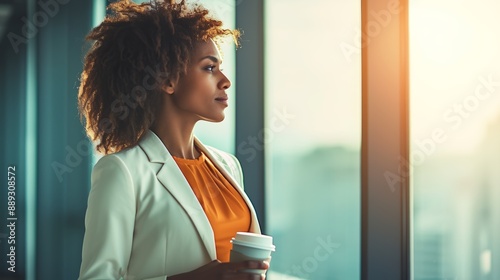 A young mixed-race entrepreneur drinks coffee alone in her office while looking out a window. Confident Hispanic businessperson drinking coffee on a break while standing at work staring out a window.