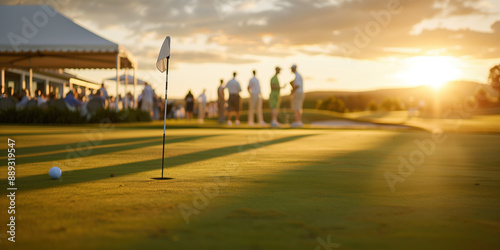 Luxury-Dressed Professional Typing on Laptop and Networking at Prestigious Country Club Event with Elegant Golf Course and Sophisticated Vibe