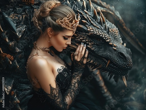 Fantasy woman evil dark queen witch hugs dragon