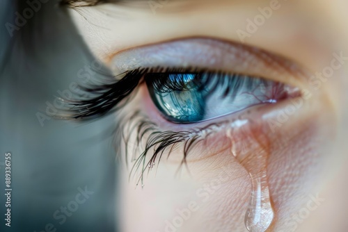 A close-up of a blue eye with a tear falling, capturing the raw emotion and vulnerability of human sorrow and grief