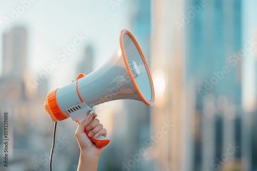 Hand holding a megaphone with a cityscape background, perfect for announcements or promotional purposes.