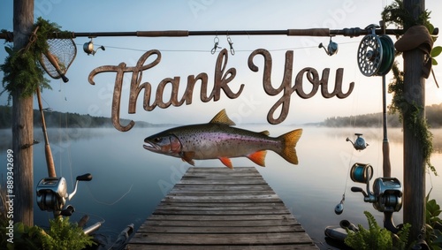 Thank You Sign With Trout Hanging Over Lake Dock