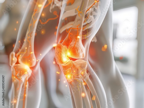 detailed, medical illustration of a human knee joint with highlighted inflammation, showcasing the anatomy and focus on joint pain or arthritis.