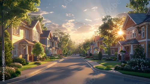 A suburban street at sunset, rows of colorful two-story houses, manicured lawns, tree-lined sidewalks, wide asphalt road, golden hour lighting, clear blue sky, peaceful neighborhood.