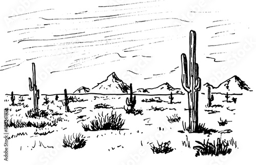 hand drawn vector black and white sketch of an western desert landscape