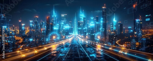 Futuristic urban scenes, holographic photography, sleek tech design