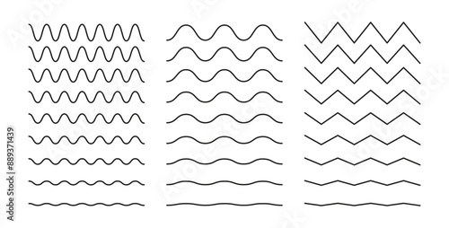 Wavy, curvy, zigzag lines. Simple undulate borders, transverse horizontal lines. Sine, fluid, air, wind sign set. Water, river, lake, sea, ocean symbol. Outline graphic isolated on a white background.