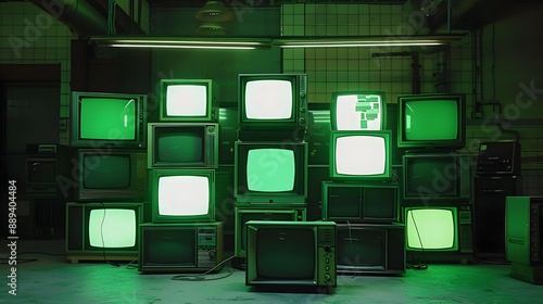 Glowing Vintage CRT Monitors in Dark Industrial Room Setting