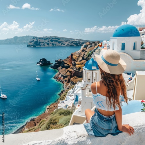 Santorini Serenity: Woman Reveling in the Panoramic Beauty of Blue-Domed Churches and Pristine Waters