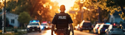 Police officer walking down the street at sunset, police cars in the background, neighborhood setting, law enforcement scene.