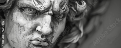 Detailed monochrome sculpture of Nemesis, the Greek goddess, with a stern and unforgiving expression.