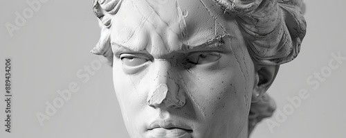 Detailed monochrome sculpture of Nemesis, the Greek goddess, with a stern and unforgiving expression.