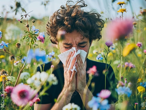 A woman holding a tissue to her nose while standing near a flowering tree, highlighting the struggle with seasonal allergies