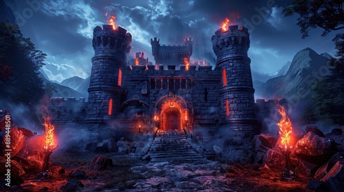 Majestic, ominous castle ablaze with fire under a stormy night sky, surrounded by dramatic mountain scenery.