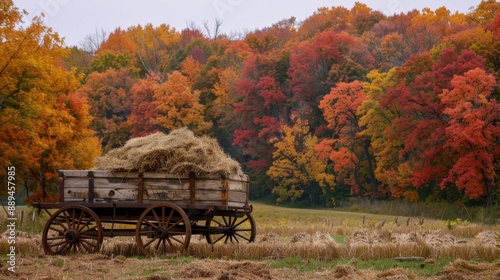 Vibrant hayride scene with a rustic wagon filled with hay, set against a backdrop of autumn foliage.