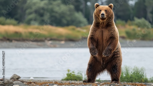 A powerful Kodiak bear standing on its hind legs, displaying its formidable strength and intimidating presence.