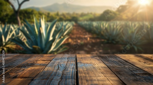 close up of rustic empty wooden table with blurred mexican agave field farm background