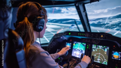 A trainee pilot operating a flight simulator