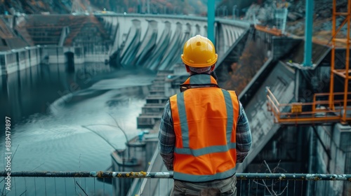 Engineer inspecting hydroelectric dam construction site, Management in the site. Infrastructure development.