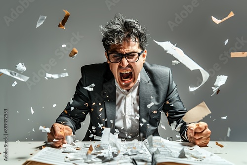 Stressed Businessman Shouting And Throwing Documents In Office