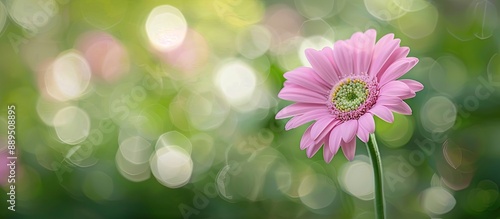 Pink Barberton daisy set against a blurry natural backdrop, with room for text - copy space image.