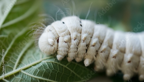 Macro silkworm with many fluff around