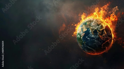 A globe ablaze flames engulfing continents symbolizing global crisis or environmental disaster against a dark sky