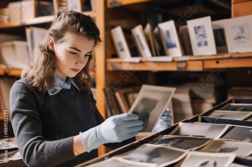 A young archivist wearing gloves examines historical photographs in a well-organized archive room filled with shelves and photo boxes.