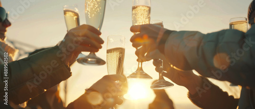 People raise their champagne glasses in a sunlit celebratory toast, encapsulating a moment of joy and festivity amongst friends.