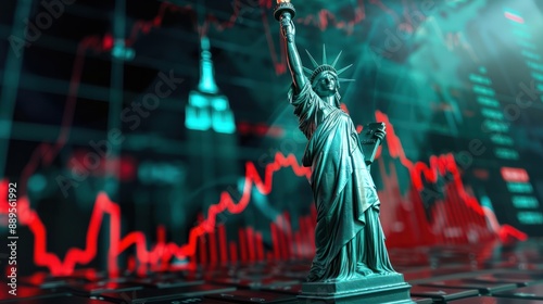 The statue of Liberty crying, inflation concept, a falling graph. The economic crisis in America. Decline in industrial production in the United States. The deterioration of the US economic indicators