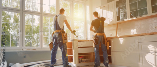 Two construction workers in overalls refurbishing a sunlit kitchen with modern white cabinets and large, bright windows.