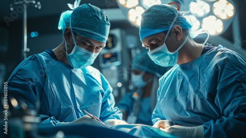 Focused surgeons in blue scrubs performing intricate surgery in operating room with bright lights and precise tools. Medical teamwork, precision, and expertise in action.