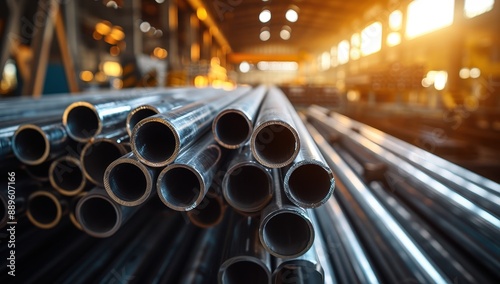 Steel pipes stacked at industrial construction site with blurred lights. Concept of manufacturing, building materials, infrastructure development