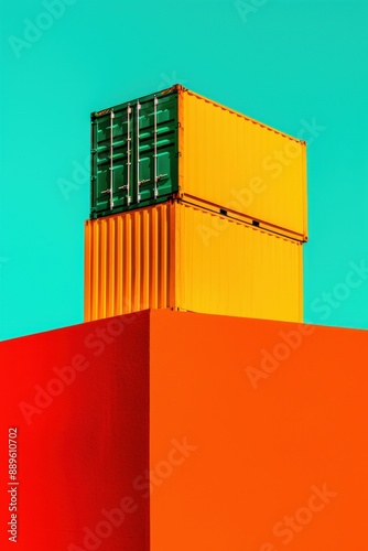 Vibrant image of stacked colorful shipping containers against a bright turquoise sky. Perfect for modern, colorful, and industrial themes.