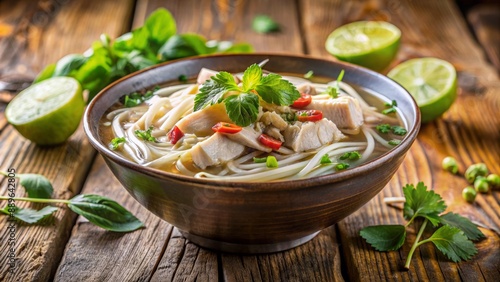 Steaming hot classic Vietnamese chicken pho noodle soup served in a white bowl with fresh cilantro and bean sprouts garnishes.