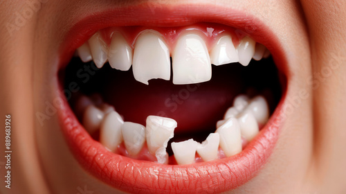 Close-up image of an open mouth with broken front teeth, showing red lips and dental damage